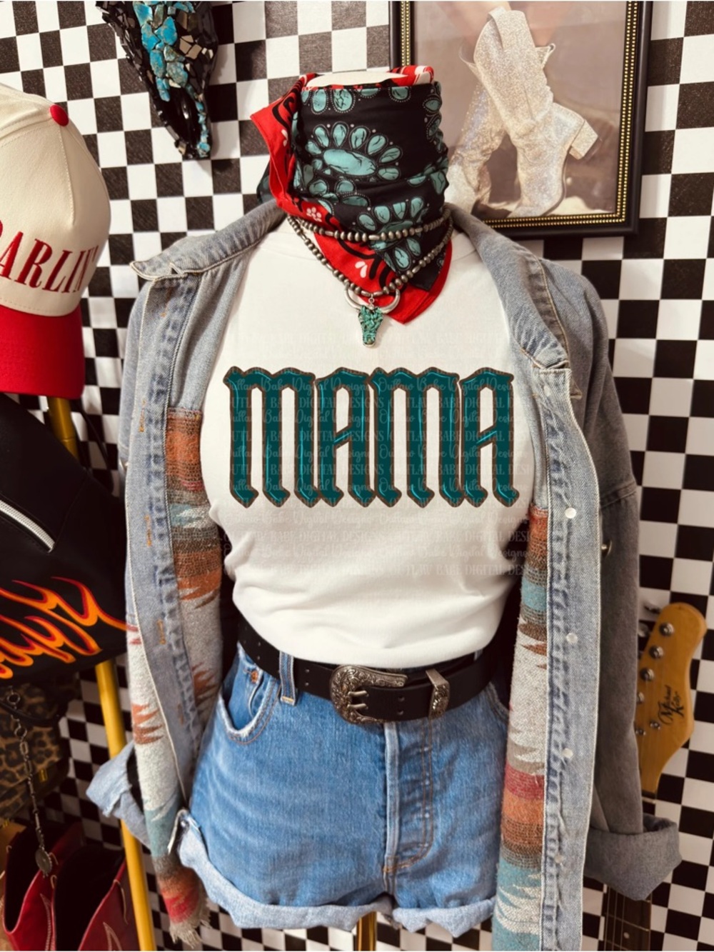 Mama Western Graphic Tee In Teal Lettering Small-3x